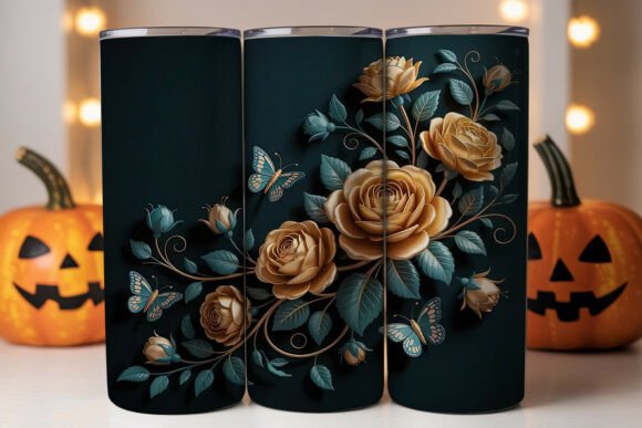 3D Gold Floral Butterfly 20oz Tumbler Graphics and Tumbler Wraps