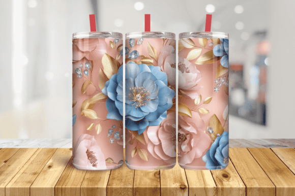 3D Made of Pink and Blue Flowers 20 0z Graphics for Tumbler Wraps