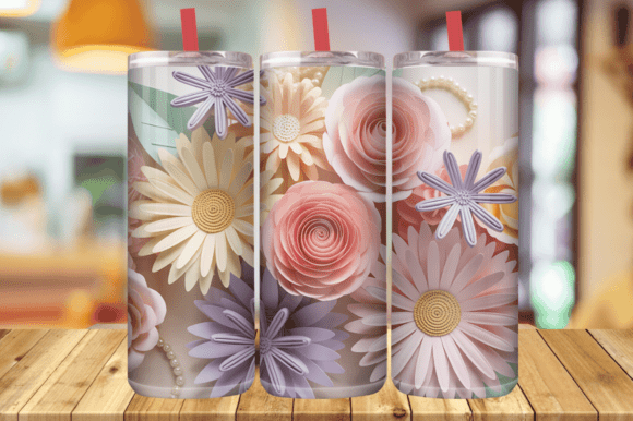 3D Pastel Flowers Paper Art Tumbler Wrap Graphics