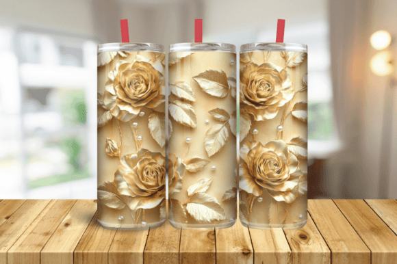 3D Pearl Gold Roses Flowers 20oz Tumbler Graphics and Tumbler Wraps