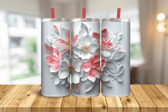 3D Pink Embroidered Flowers 20 Oz Skinny Graphics and Tumbler Wraps