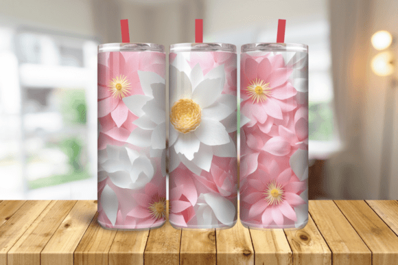 3D Pink Flowers 20 Oz Skinny Tumbler Graphics and Tumbler Wraps