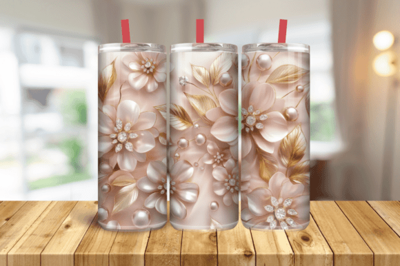 3D Pink Flowers and Pearls Holographic Graphics for Tumbler Wraps