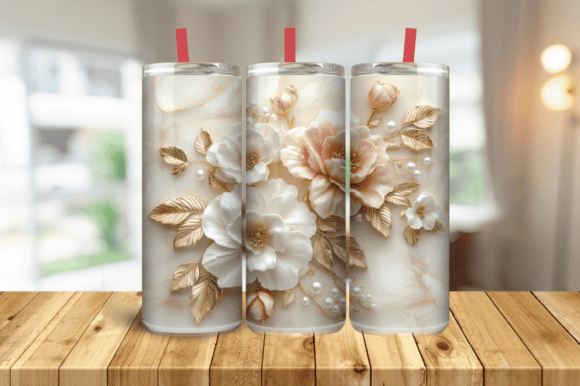 3D Pink Gold Flowers and Pearls 20oz Sub Graphics for Tumbler Wraps