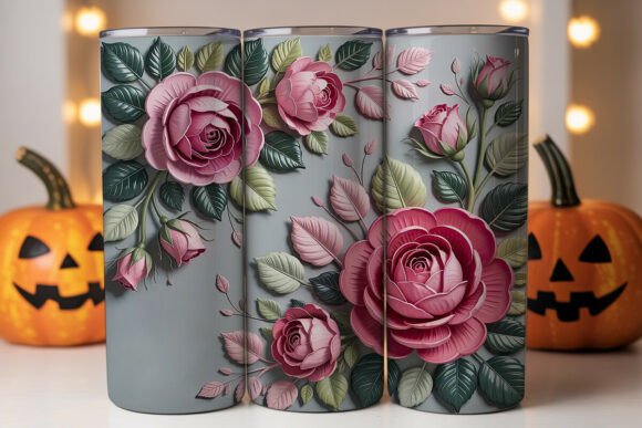 3D Pink Green Roses 20oz Tumbler Wrap Graphics and Tumbler Wraps