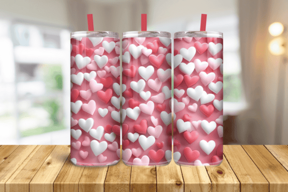 3D Pink Hearts Tumbler Wrap PNG, 20 Oz Graphics