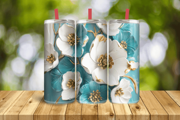 3D Turquoise White Gold Flowers Tumbler Graphics and Tumbler Wraps
