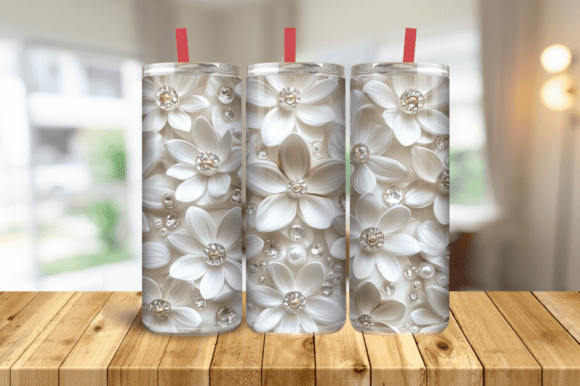 3D White Flowers and Pearls 20 Oz Skinny Graphics