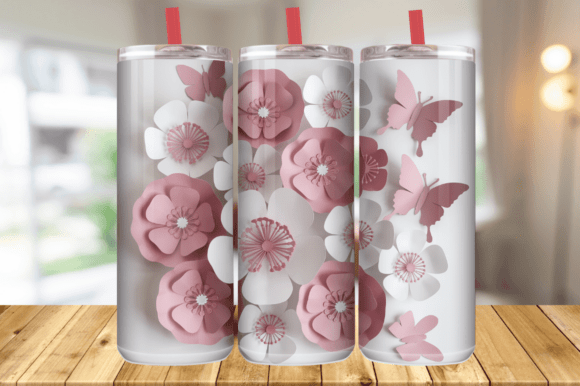 3D White Pink Flower Butterfly Tumbler Graphics and Wraps