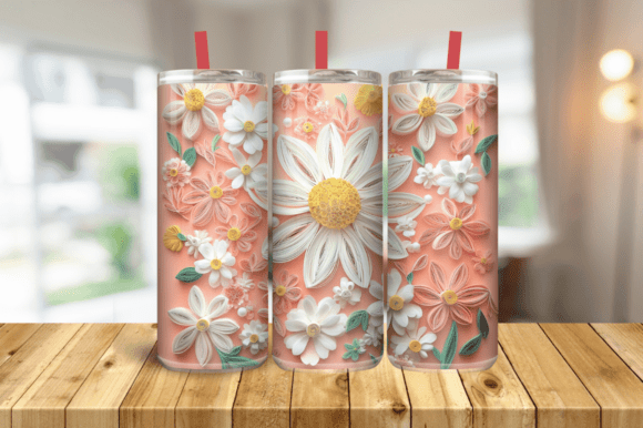 3D White Pink Flowers 20 Oz Skinny Wrap Graphics